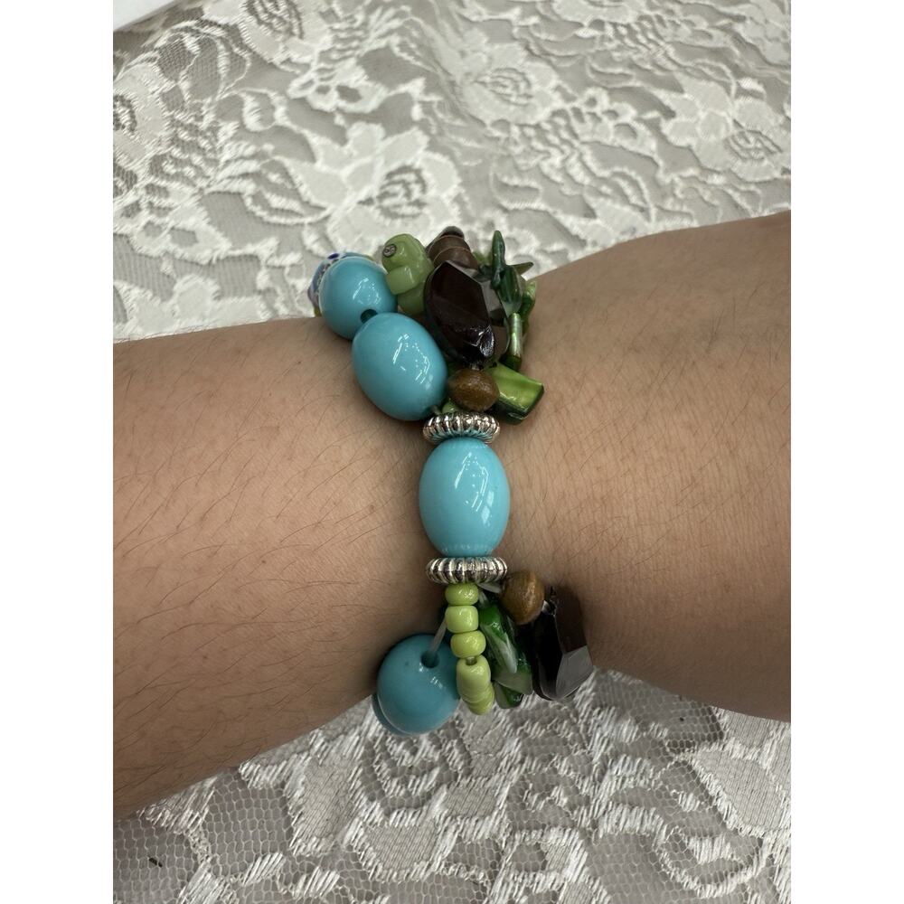 Vintage Lucite Bracelet Blue Green Brown Stretch Multi strand Beads Mixed